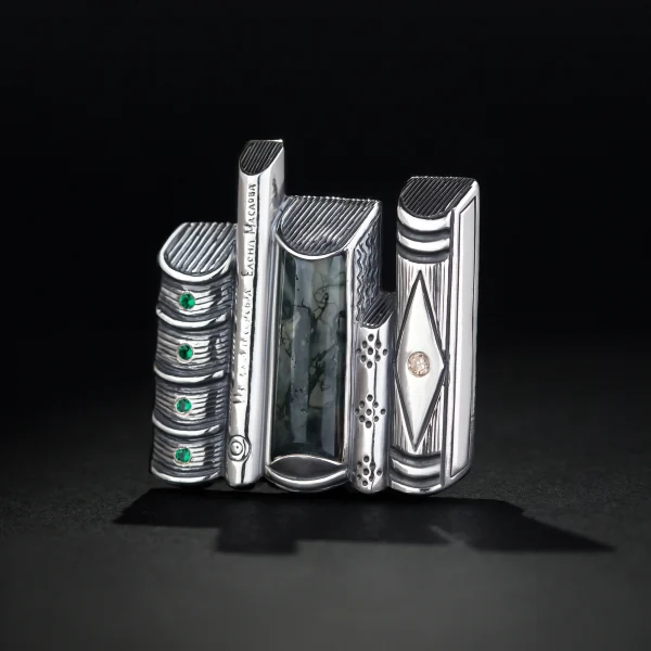 Silver brooch Exlibris with agate and zirconium oxidation 925