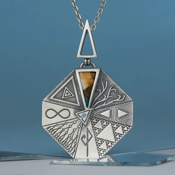 Silver pendant "Form of worldview" with oxidation, aventurine and amethyst. Expressive jewelry with geometric design and…